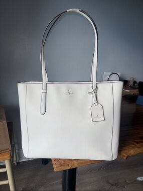kate spade White Leather Tote with Luggage Tag